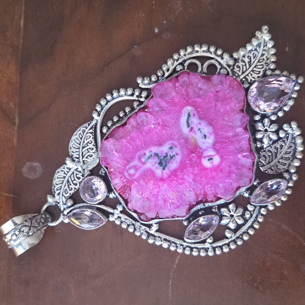 925 Silver Plated Pink Solar Quartz & Topaz Pendant